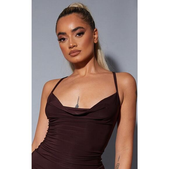 Pretty Little Thing Petite Chocolate Slinky Cowl Neck Dress - Size 4 NWT - Picture 4 of 7